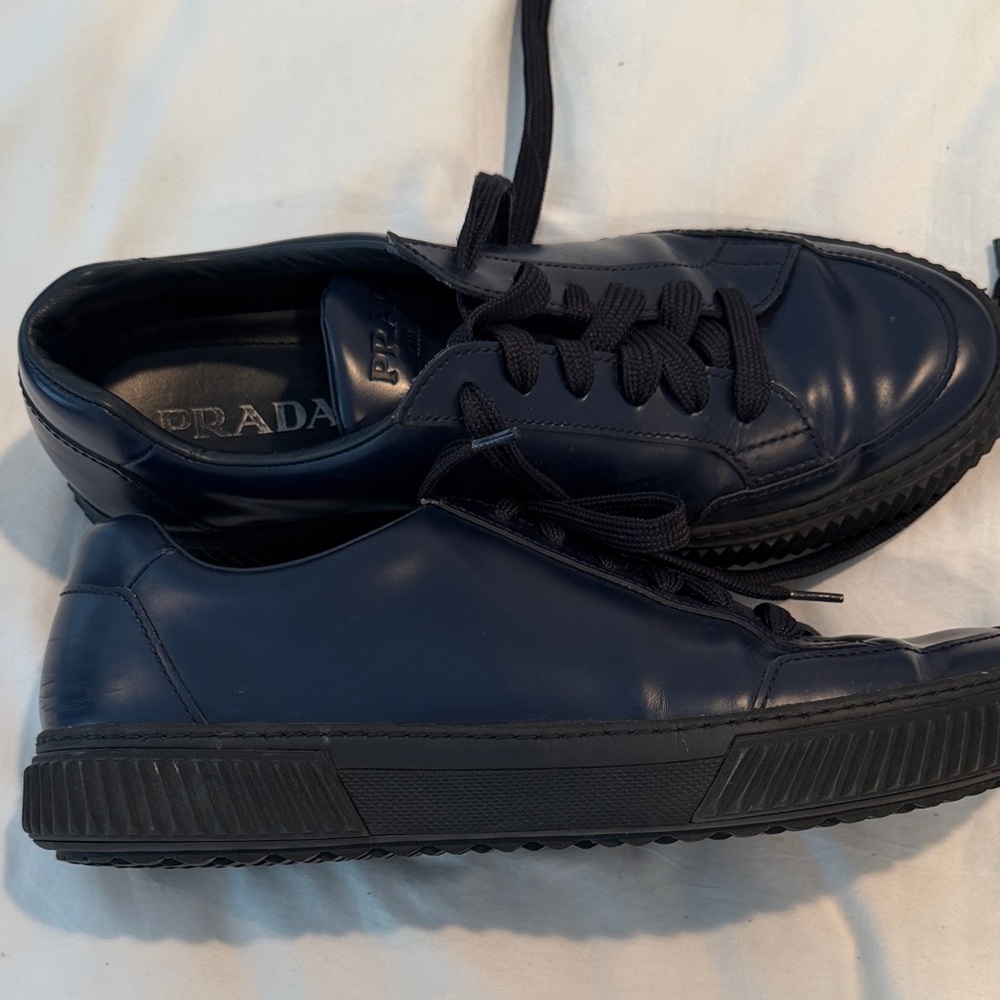 Prada Men’s Dark Blue Leather Lace-Up Sneakers - Picture 6 of 7